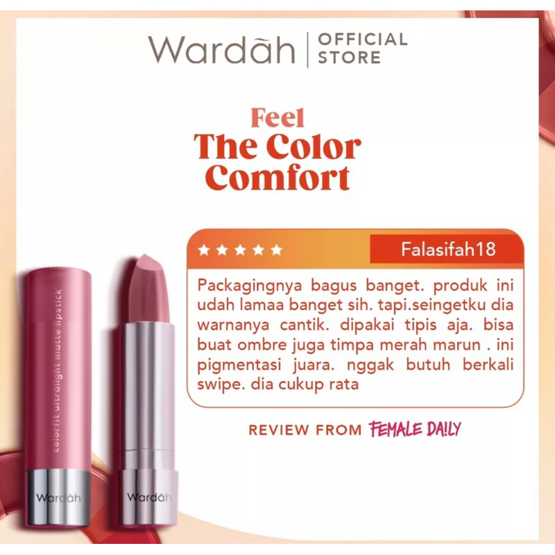 Wardah Colorfit Ultralight Matte Lipstick - Ringan, Nyaman dan Lembut di Bibir - Pigmented dengan Hasil Akhir Soft Matte - Tahan Lama Hingga 8 jam