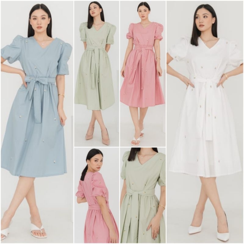 ♡ PREMIUM ♡ ORIGINAL ! MOLLITA VINTAGE V-NECK PASTEL COLOR SUN FLOWER EMBROIDERY TIED MIDI DRESS