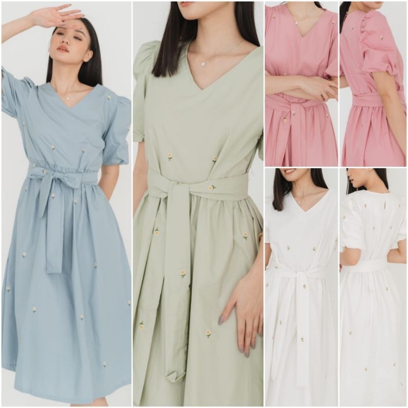 ♡ PREMIUM ♡ ORIGINAL ! MOLLITA VINTAGE V-NECK PASTEL COLOR SUN FLOWER EMBROIDERY TIED MIDI DRESS