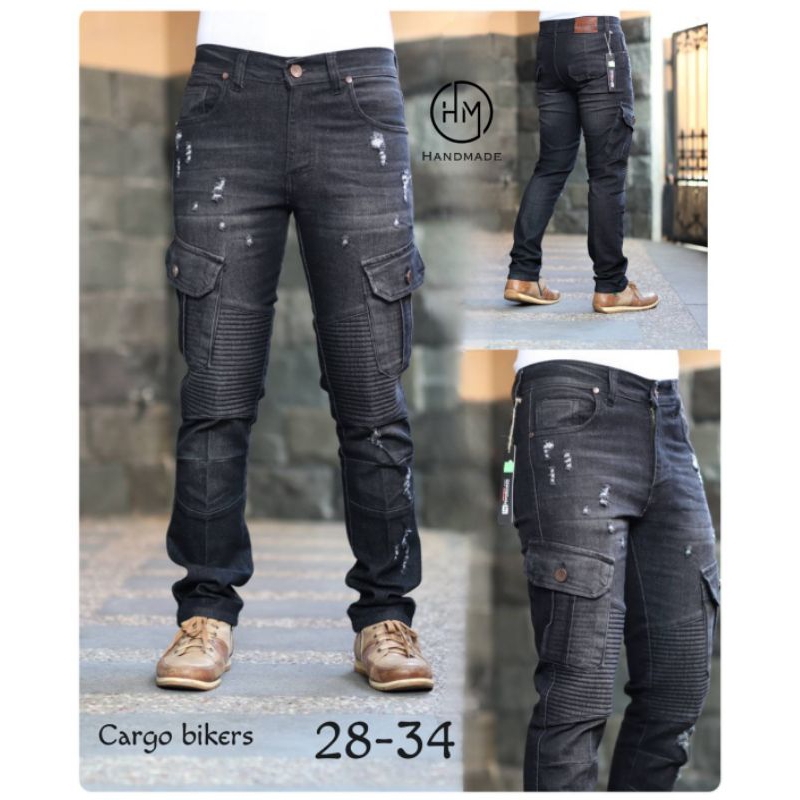 Celana Jeans Pria Cargo Bikers Blackwash