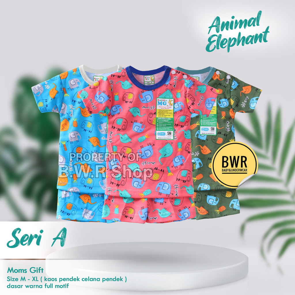 Setelan Moms Gift PENDEK Animals Forest and Elephant / Piyama Anak Unisex Kancing Pundak Mom's Gift Motif | Bwr