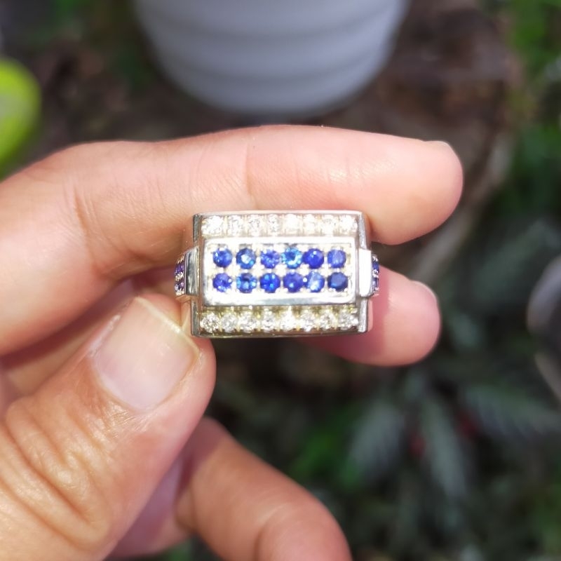 Cincin pria cincin stempel pria dengan batu berlian dan safir asli