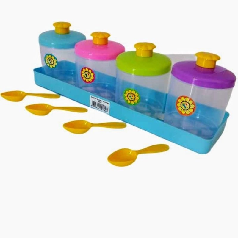 Tempat Bumbu Dapur 1 set 4pcs + Rak & Sendok / Tempat Bumbu Dapur Plastik / Toples Bumbu Dapur / Tem