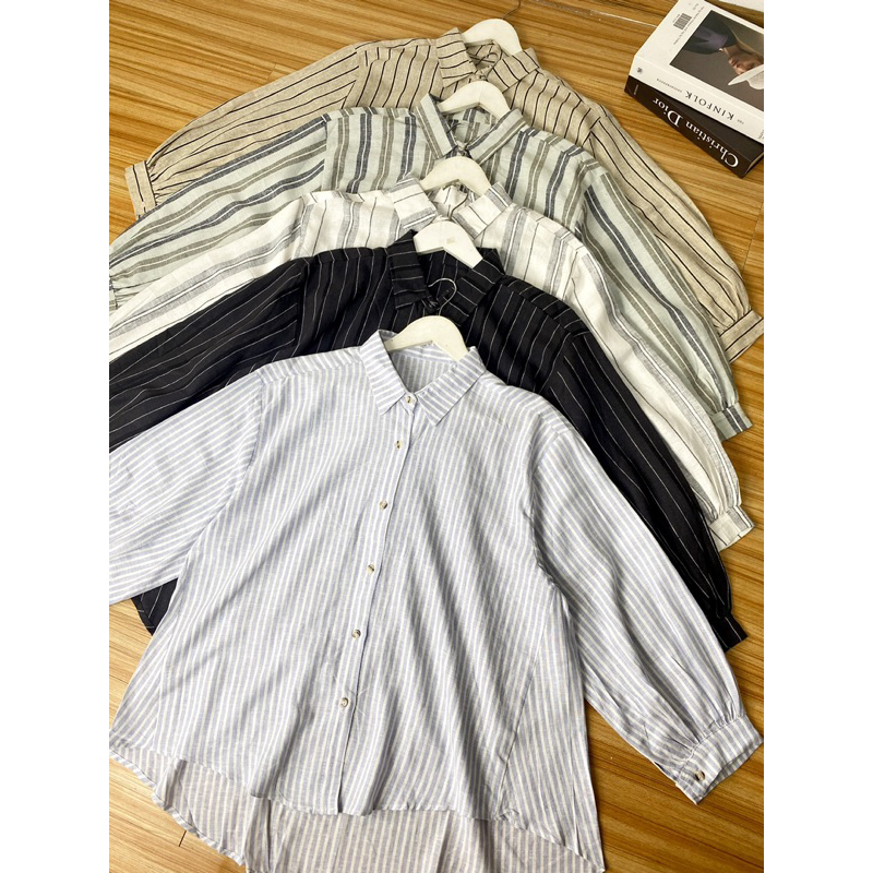 Stripe Blouse Kemeja Linen Salur Oversize Jumbo Wanita