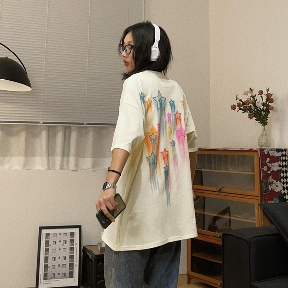 100% cotton baju atasan wanita lengan pendek star graphic printed t-shirt oversize korean style import kaos cream