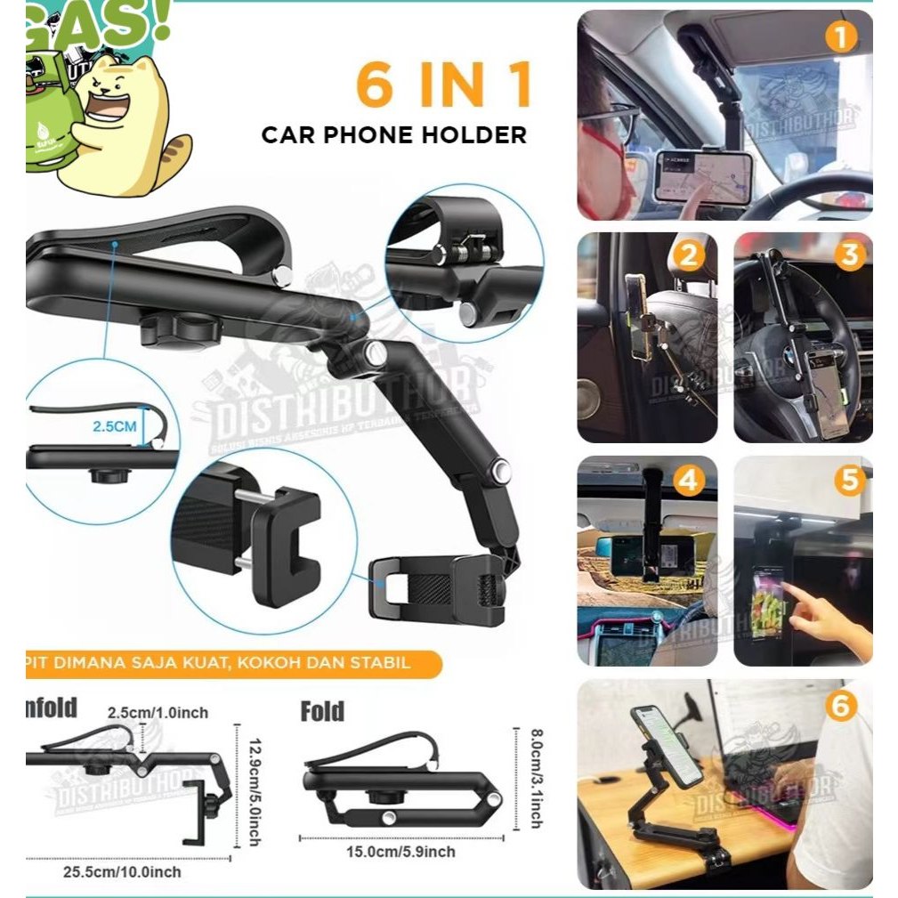 ￼Car Phone Holder Mobil Universal 6 in 1 Dudukan HP LazyPod Meja Pegangan Handphone Jepit Meja Sandaran Smartphone Serbaguna Lemari Pakaian Dapur Kasur / Holder mobil HD-58