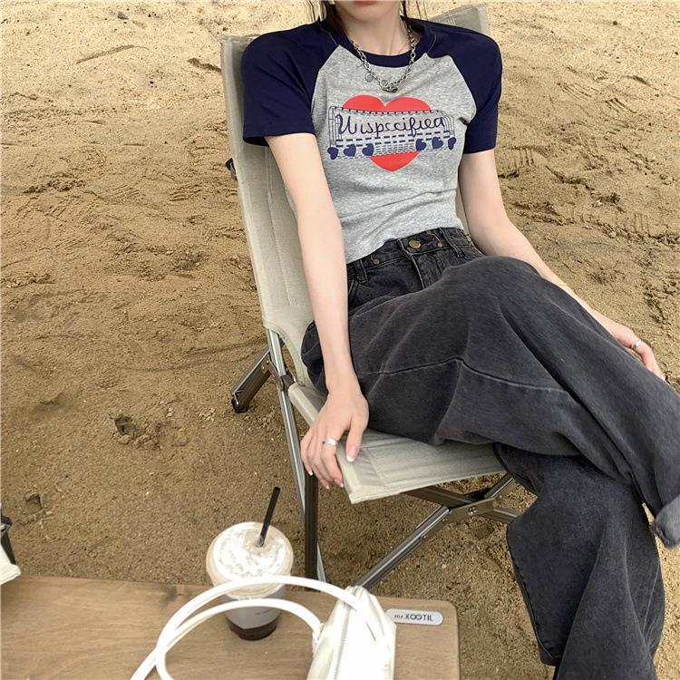 DF BJ389 Kaos Pendek Wanita Baju Atasan Crop Top Ketat Print Huruf Retro