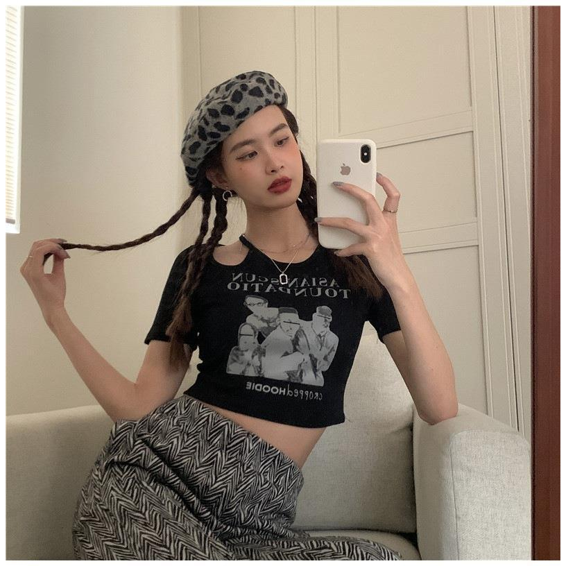 DF BJ395 Korean Crop Top Asian Scun Atasan Lengan Pendek Kaos Berongga Sexy