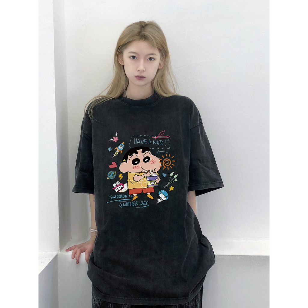 XIAOZHAINV Korean Style Krayon Shin-chan Pattern Washed Printing Kaos Wanita A0118/Atasan Wanita Terbaru