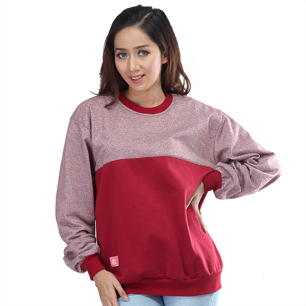 KUZATURA Sweater Crewneck Wanita Oversize Combination Color Merah Maroon Pink Model Korean Style Sweatshirt Oblong Terbaru Bahan Fleece Tebal Dan Lembut Kualitas Import Original 2023