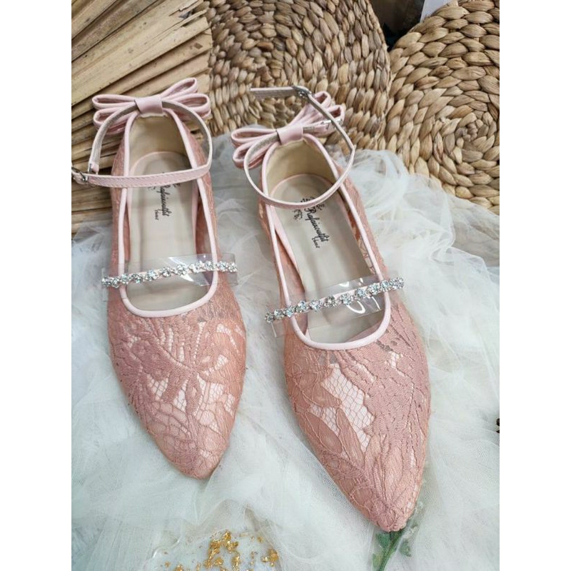 Sepatu wedding cantik Vilea peach 2cm kaca