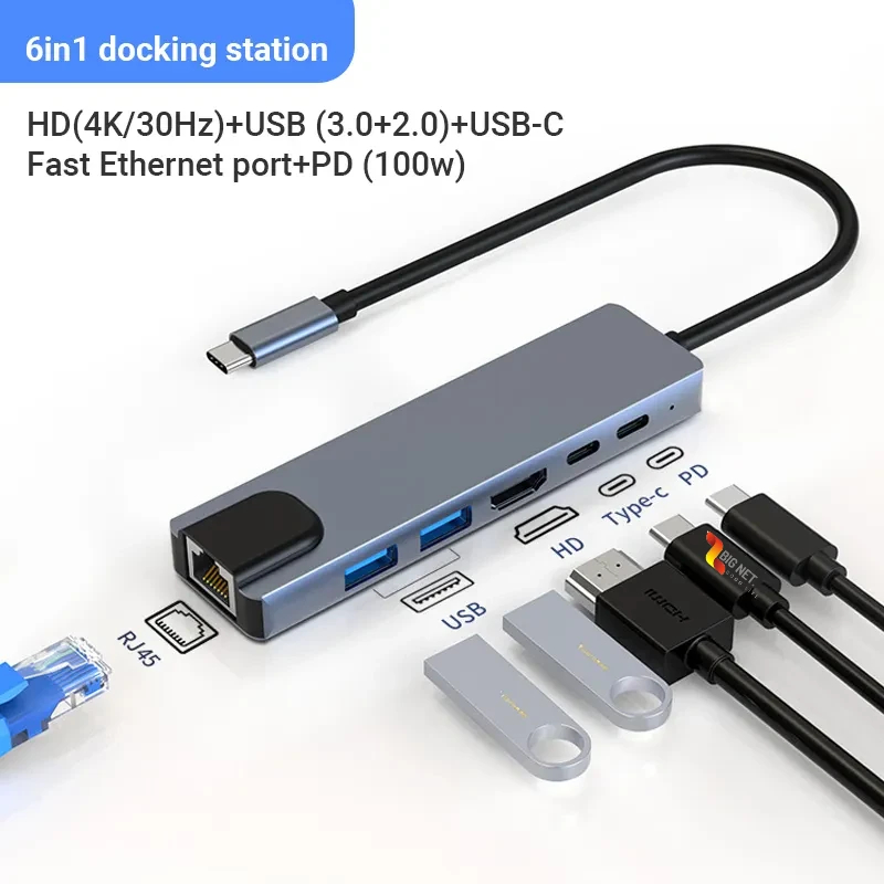 TYPE-C (USB C) TO HDMI+LAN+2*USB+2*PD (6in1)