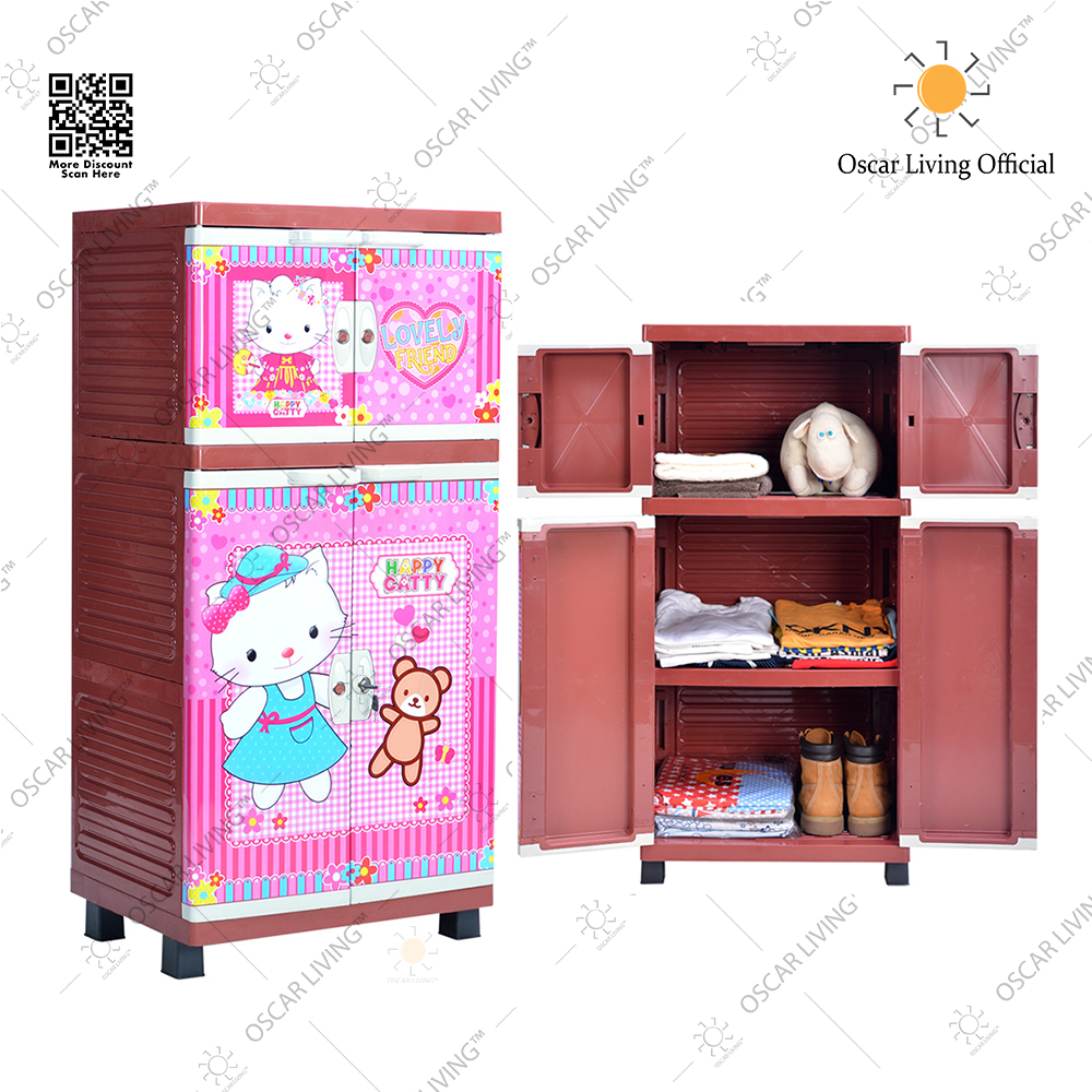 Lemari plastik M32P pink 3 susun rak pakaian pintu hello kitty