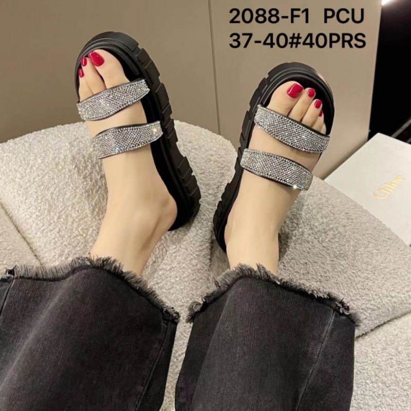 Sandal Wedges Wanita Selop Ban 2 Fashion Kekinian Import Sandal Pesta blink diamond