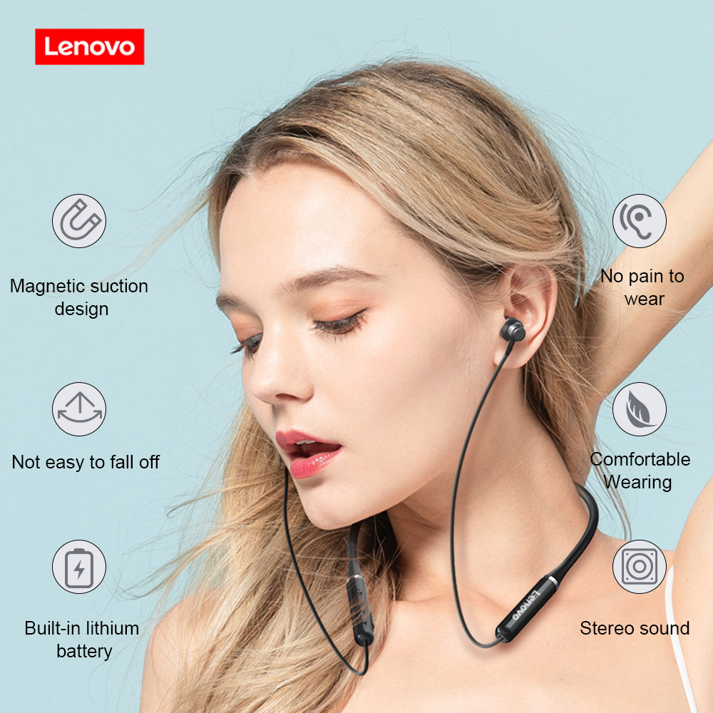 Lenovo Earphone Neckband Bluetooth 5.0 Noise Cancelling IPX5 - HE05 - Black