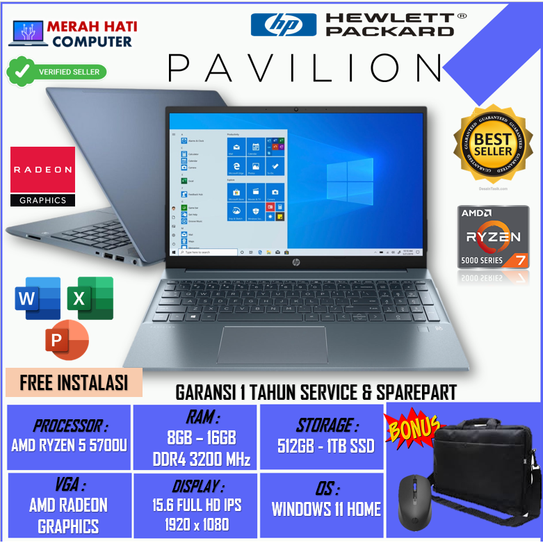 Laptop Gaming Murah Hp Pavilion 15 Amd Ryzen 7 5700U RAM 16GB SSD 1TB FHD IPS Vega Radeon Windows 11 Original