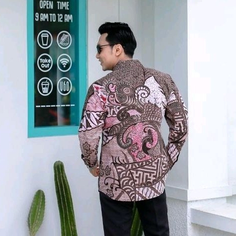 BATIK BOLO DEWO Motif Dusty pink Kemeja Baju Batik Pria Lengan panjang Lapis furing Hem Atasan