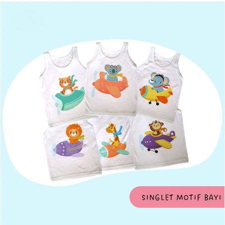 Kaos Dalam Bayi SINGLET Kutung PUTIH Motif Karakter Usia 0 sd 24 Bulan Unisex