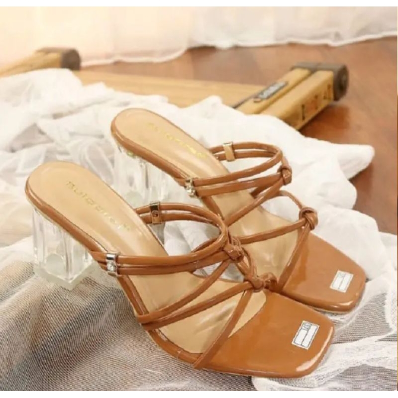 Ds High Heels Wanita Tali Silang Hak Kaca 7cm Um01