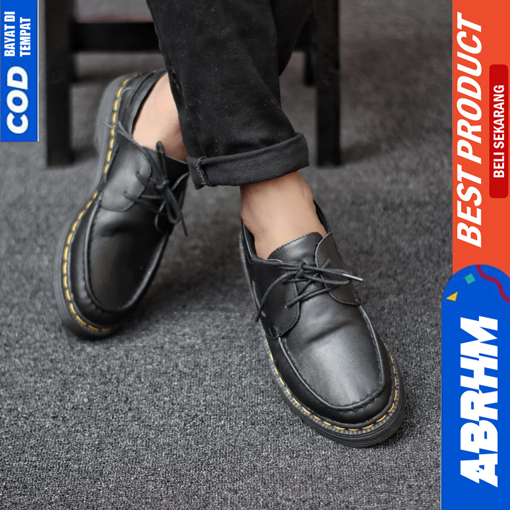 ABRHM Sepatu Formal Pantofel Docmart Casual Kulit Asli Kerja Pria Hitam Shiro