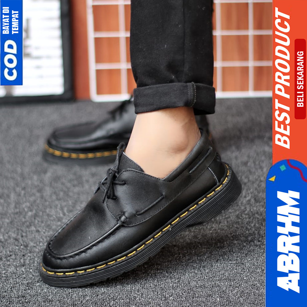 ABRHM Sepatu Formal Pantofel Docmart Casual Kulit Asli Kerja Pria Hitam Shiro