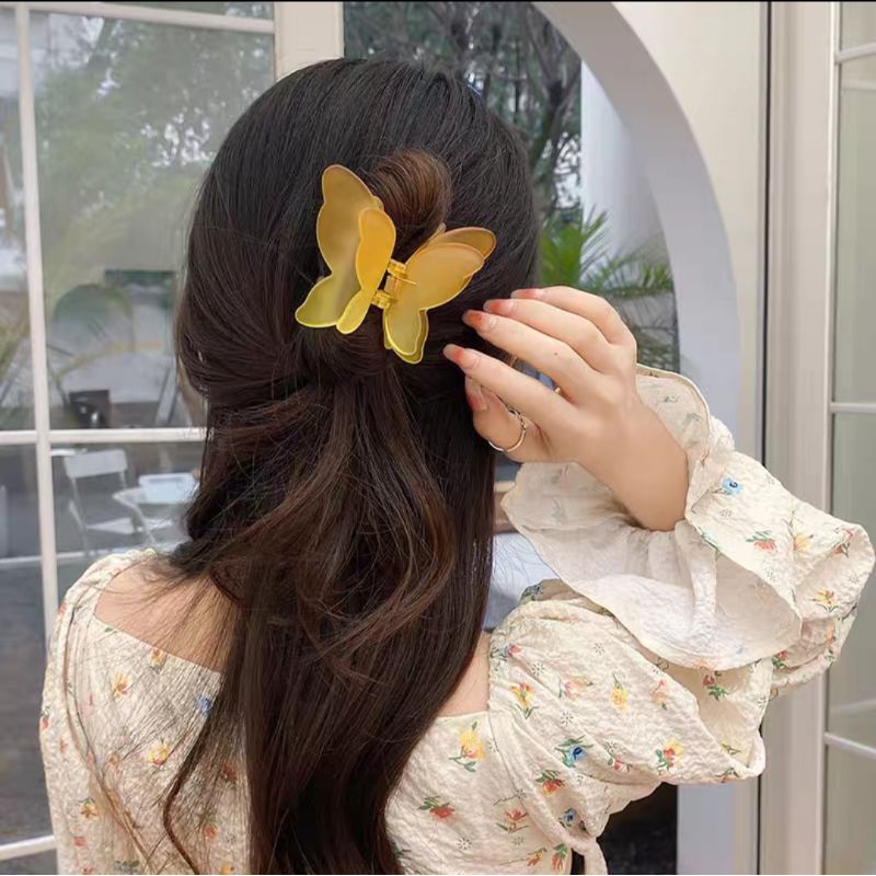 Jepit Rambut Kupu Kupu Jumbo 7cm Dua Sayap Warna Salem Bubble Gum Jedai Doff Kupu Sayap Ganda Jepitan Rambut Transparan Matte Double Layer Korean Butterfly Hair Claw Clips