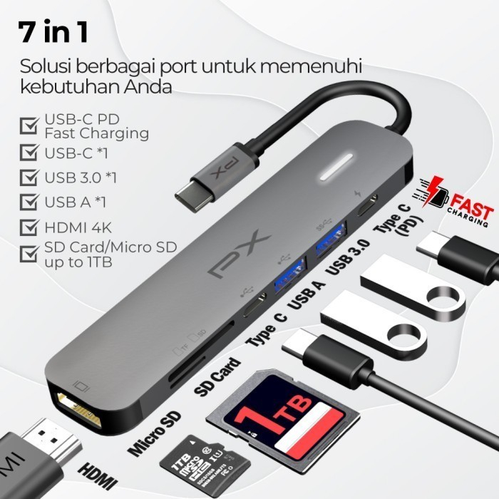 USB Hub Type C 3.1 Converter to HDMI USB Micro SD Card 7 in 1 PX UCH70