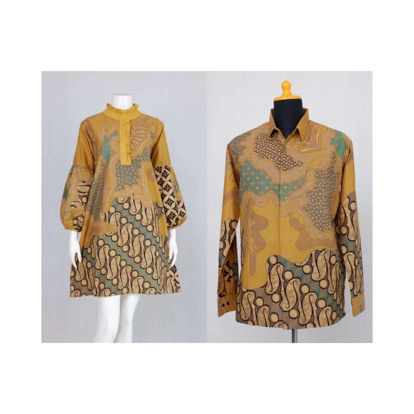 Couple Seragam Kantor Baju Batik Sarimbit Motif Abstrak Kunyit