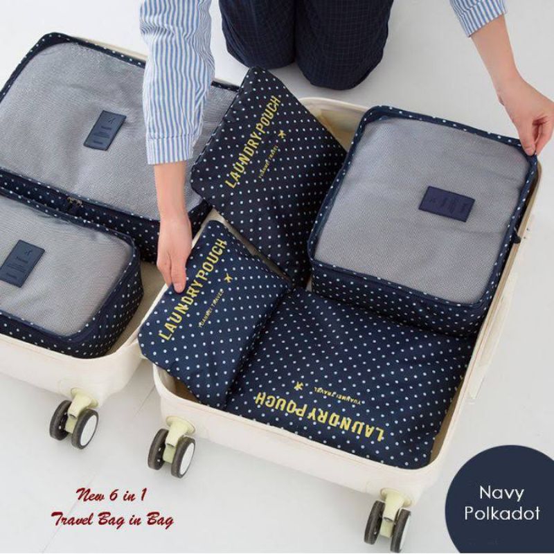 New 6in1 Korean Travel Bag in Bag POLKADOT (1 set isi 6 pcs organizer)