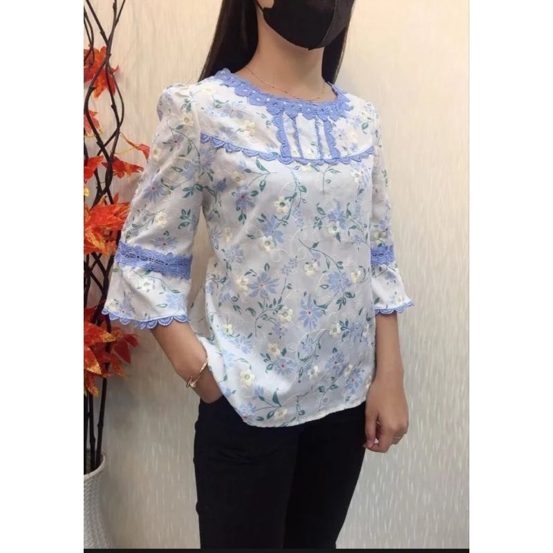 ATASAN KATUN CHIBI BOLONG MIX BORDIR BUNGA (BIRU)