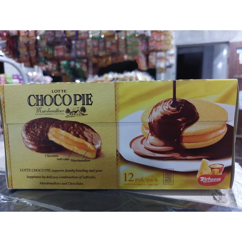 

Lotte Choco Pie Soft Cake Marshmallow Salut Cokelat Chocolate Richeese Keju Box Isi 12 Pcs 26 Gr