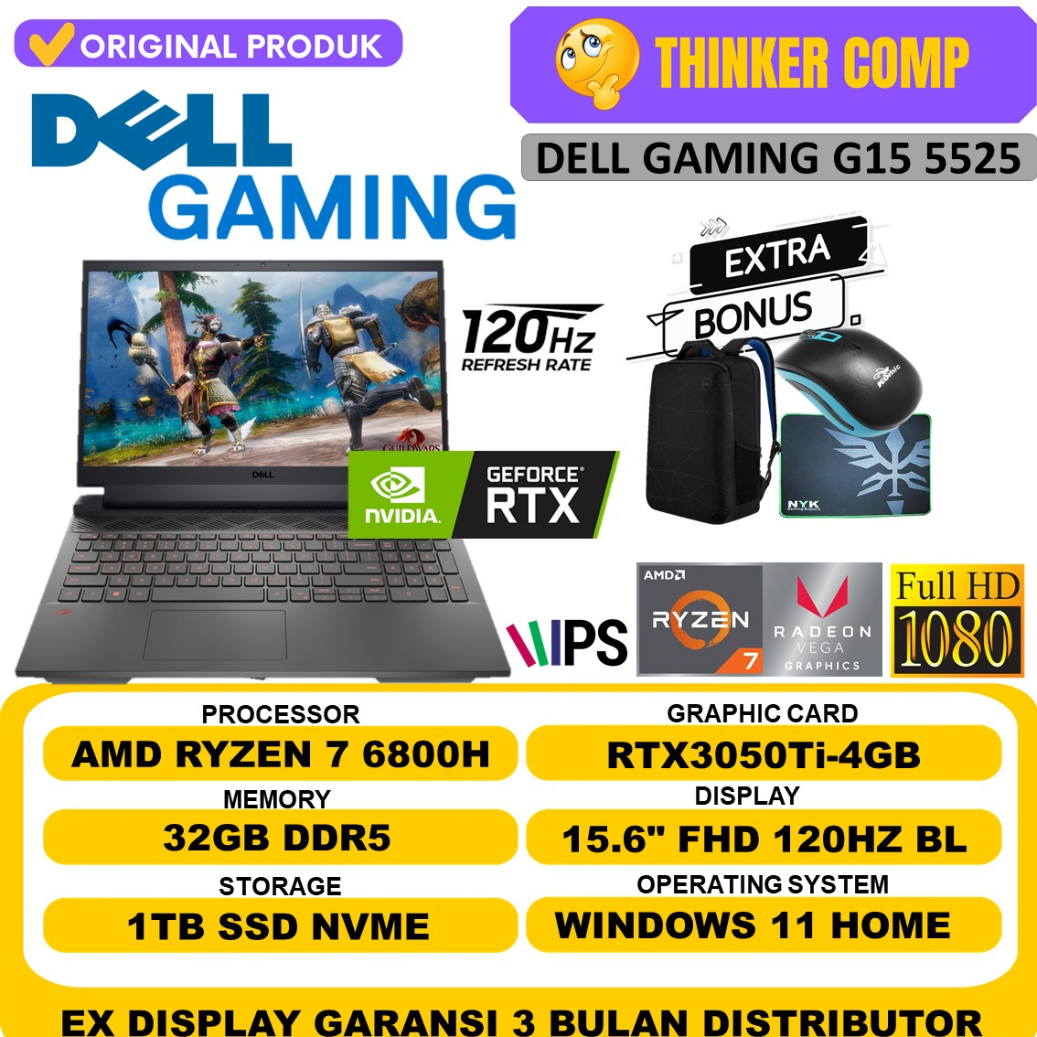 LAPTOP DELL GAMING G15 INTEL CORE i5 12500H RAM 32GB DDR5 1TB SSD RTX3050-4GB FHD 120Hz