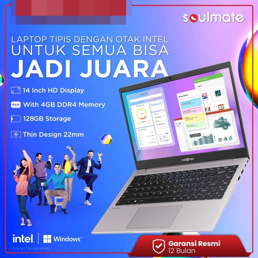 Laptop Advan Soulmate RAM 8/128GB N4020 14&quot;HD IPS W11 NewGaransi Resmi