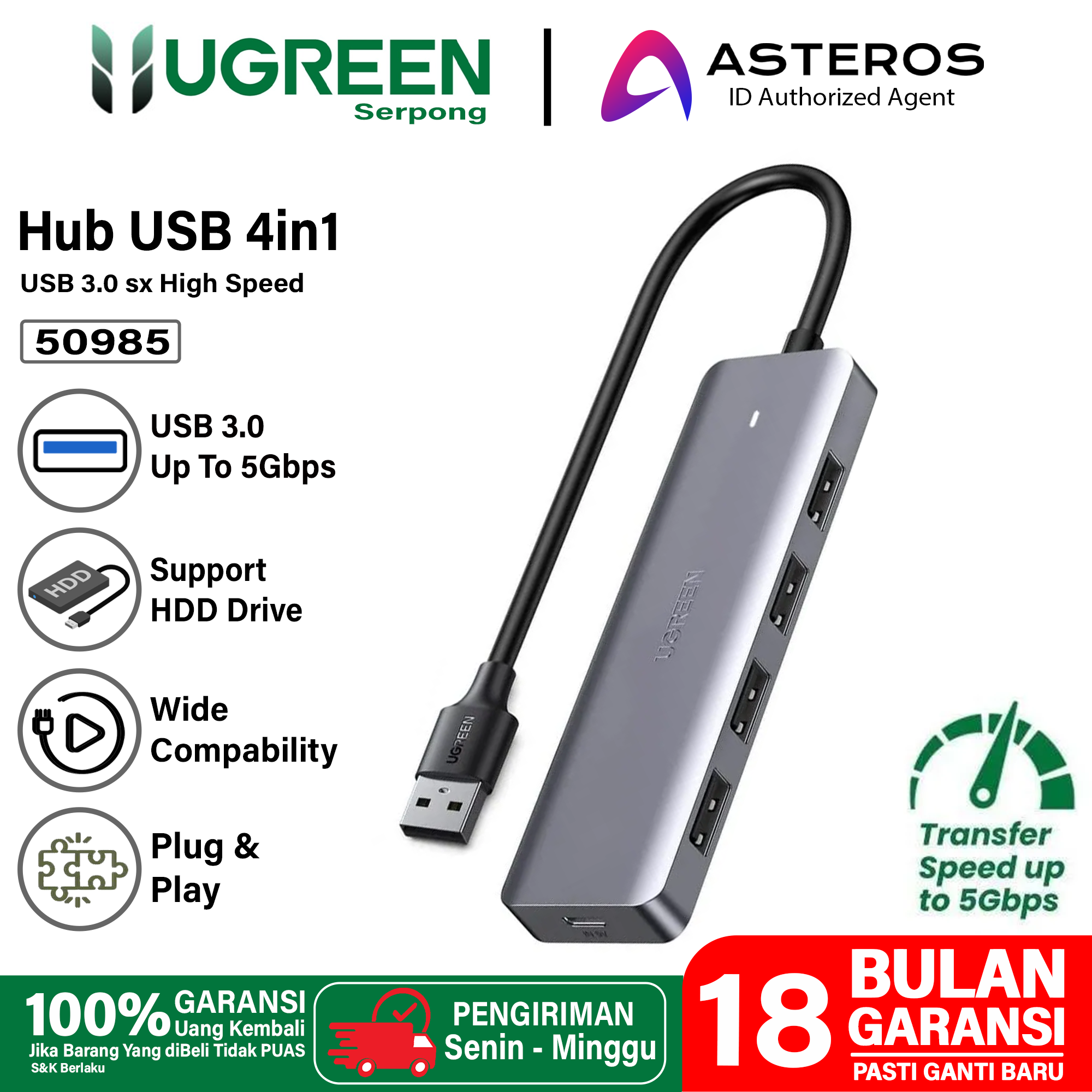 UGREEN USB Hub 3.0 To USB A Original For Laptop Komputer Etc