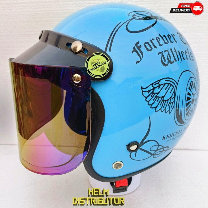 HELM BOGO RETRO MOTIF TWO WHEELS DEWASA KACA DATAR HITAM/BENING/SILVER/PELANGI PRIA WANITA COD