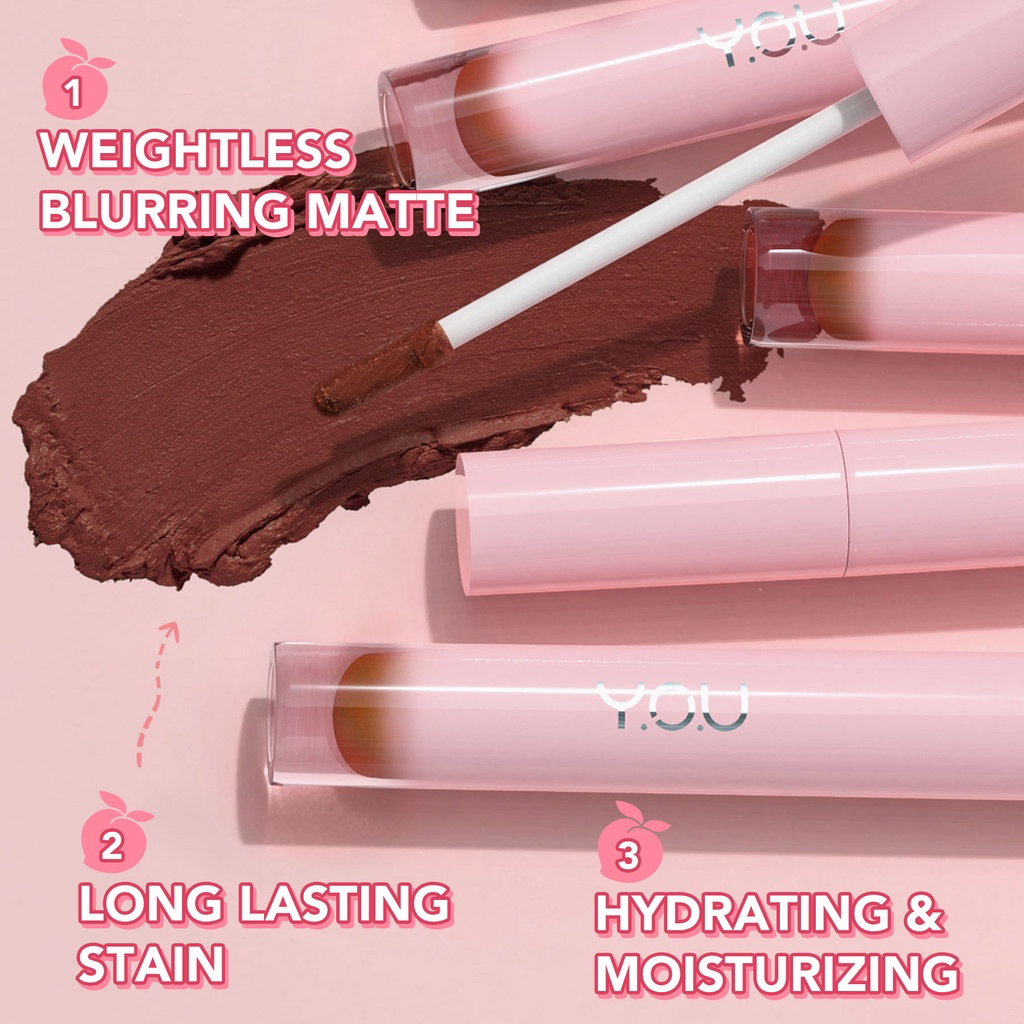 YOU Simplicity Cotton Lip Clay Indonesia / Lip Stain 3.3g / Velvet Matte Finish Long Lasting Stain &amp; Hydrating Moisturizing / Soft Blurring Mousse Lips Cheek / O047 R966 R956 R858 R855 O146 / Cosmetic Lips Make Up / Y.O.U Series BB Powder Blush Brow Tint