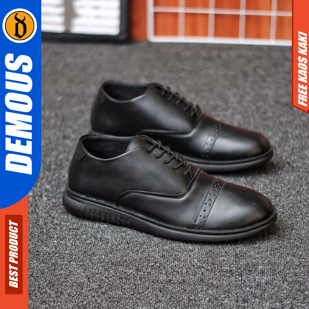 DEMOUS HATTE - Sepatu Formal Pria Kerja Kantor Kulit PU Hitam Pantofel Casual Cowok