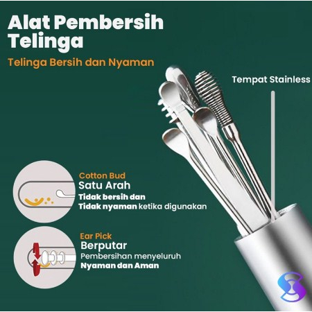 Alat Pembersih Telinga Korek Kuping Set 6 Biji Plus TABUNG StainLess