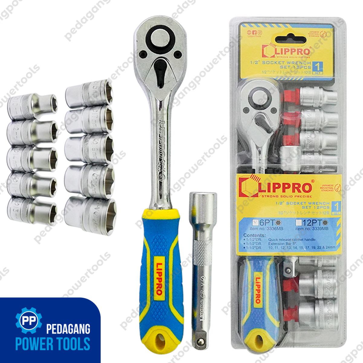 LIPPRO Kunci Sok Set 12 pcs 6PT 10-24 mm Ratchet Handle Socket Wrench