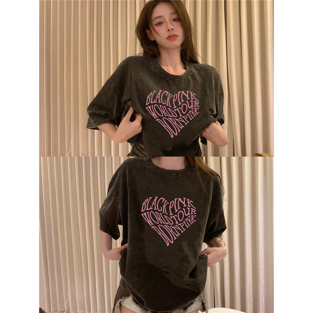 Vintage T-shirt Hitam Washed Oversize Heart Kaos Lengan Pendek Baju Wanita Korean Style