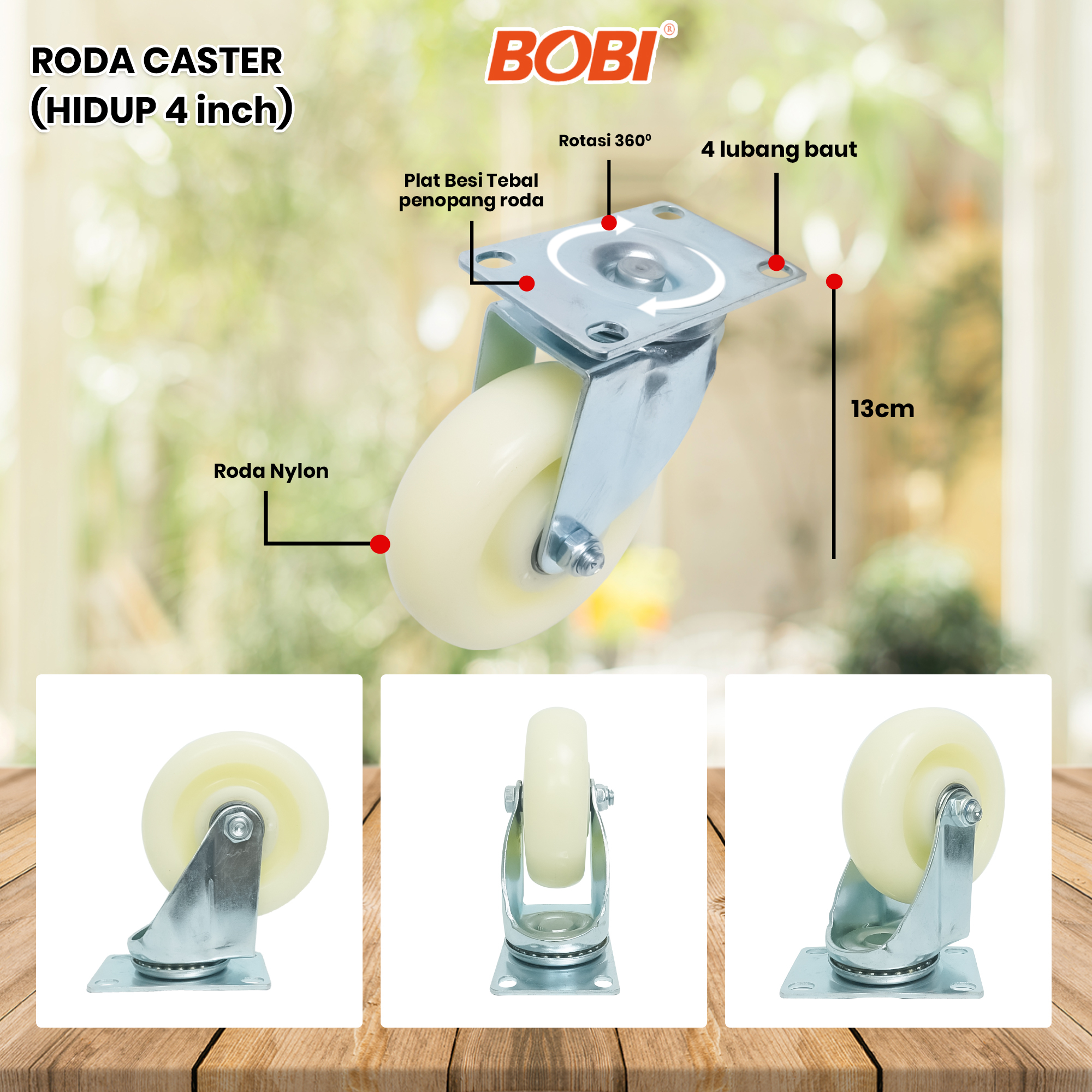 Roda Caster PVC NYLON // Roda Etalase Lemari 4 inch // Roda Serbaguna BOBI - Warna Random