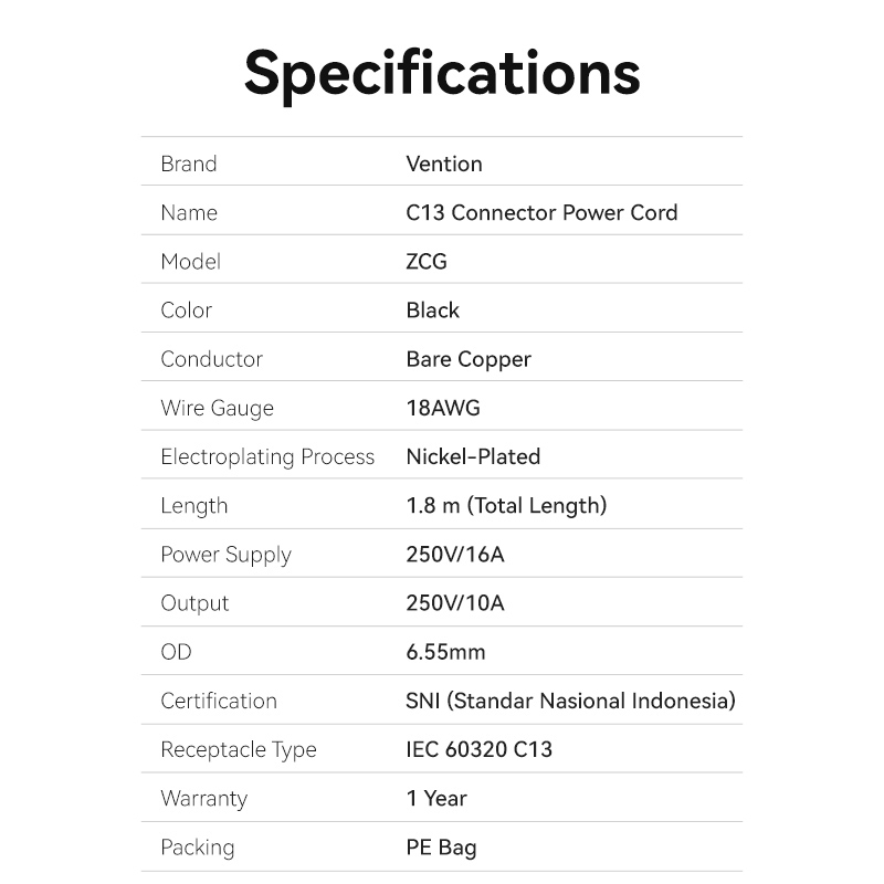 Vention Kabel Power C13 Connector 3-Prong CPU PC Komputer UPS-8