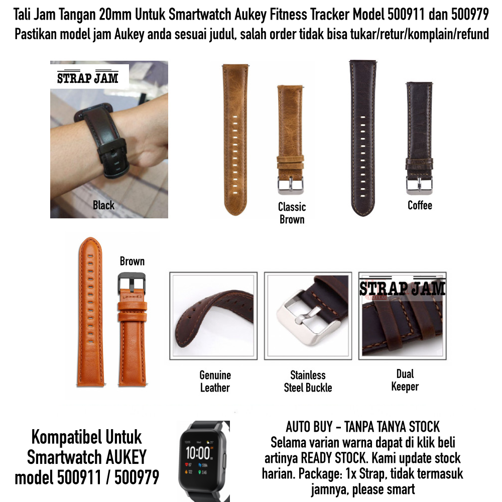 Tali Jam Untuk Aukey Model 500911 / 500979 - Strap 20mm Genuine Leather Kulit Premium