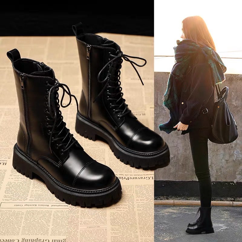 Leather boots import wanita sepatu winter Dian inner cashmere fur hangat hitam black boot