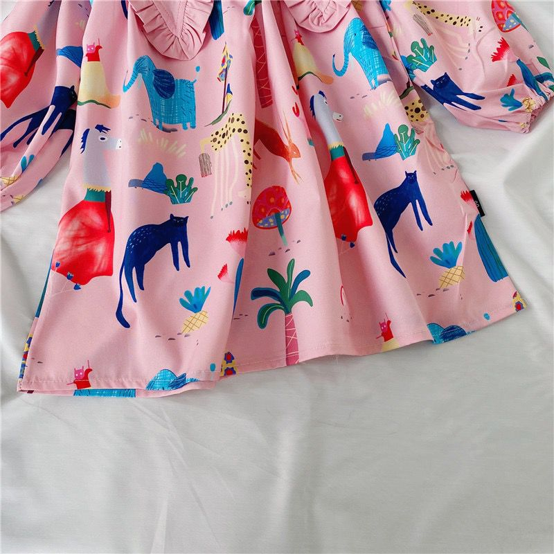 Dress Anak Perempuan Pink Collar Motif Zoo Lengan Panjang Karet