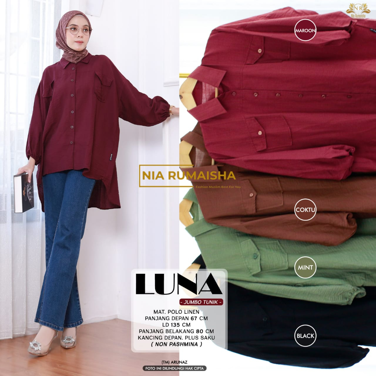 Luna Tunik Jumbo kemeja Blouse Atasan Muslim Wanita Original Produk By Nia Rumaisha