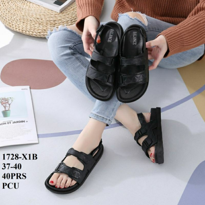 Original Balance 1728-X6B Sandal Slop Jelly Wanita Import Sendal Sepatu Karet Selop Cewek Perempuan Impor Tali Belakang 1728 Sun-JULIE Gladiator Gunung Gesper Hitam Empuk 1728-X1B