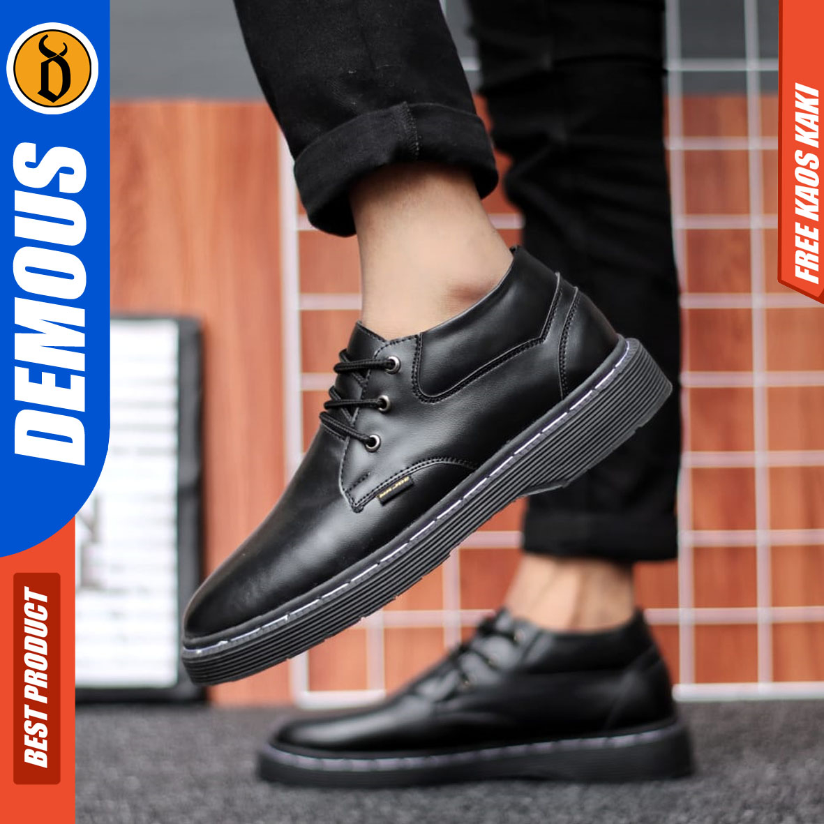 DEMOUS KIZARU - Sepatu Formal Pria Kerja Kantor Kulit PU Hitam Pantofel Casual Cowok