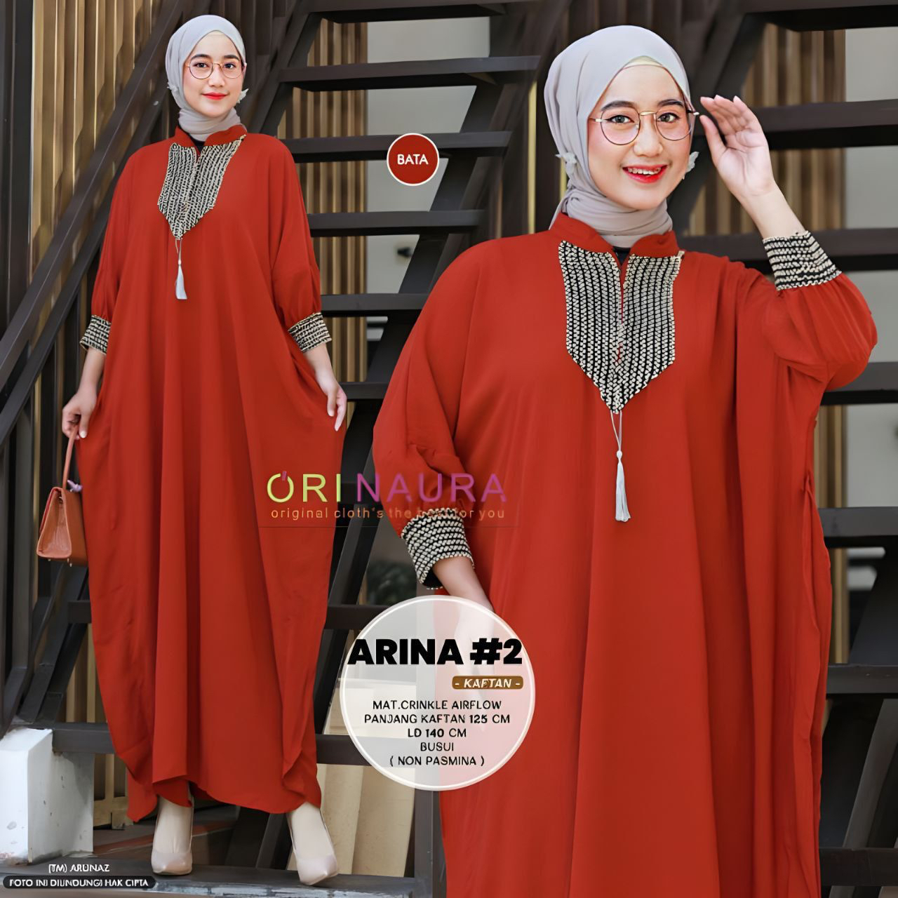 Arina Kaftan Renda Crinkle Airflow - Kaftan Wanita Kondangan Size Jumbo Maksi Polos Renda Busui Resleting Lengan 7/8 Cringkle Premium