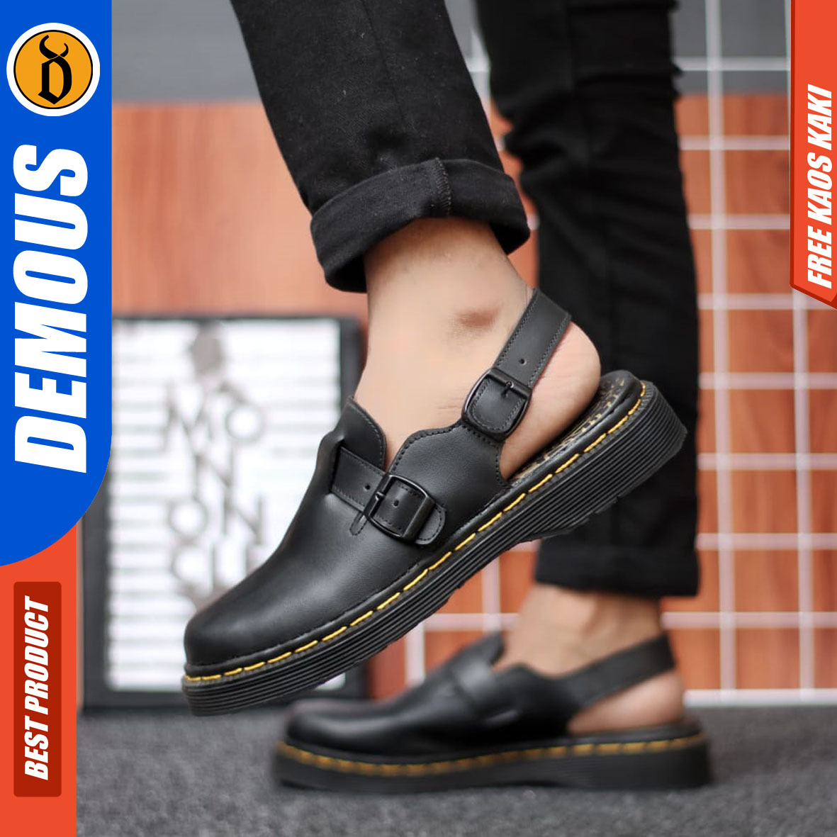 DEMOUS MIKASA - Sandal Sepatu Docmart Pria Sendal Slide Selop Pria Kulit PU